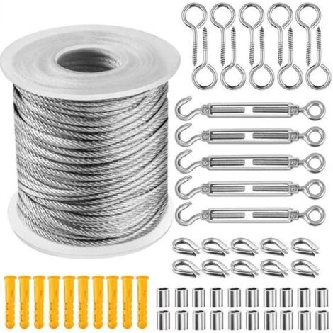 Steel Wire Rope Set - 30m x 2mm - Comes with Stainless Steel Hooks, Screw Eyes and Fasteners - Outdoor Lighting Lead - Steel Wire - Garden Steel Wire Suspension Set - Suitable for Tent Rope, Clothesli (1/5)