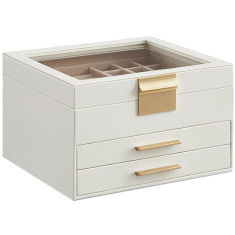 Three-tiered jewelry storage box with glass lid, 2 drawers, cloud white and gold, 23x27x13.5 cm. (1/2)