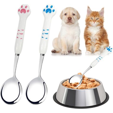 Pet food spoon, stainless steel dog spoon for feeding wet pet food (pink, blue) with cat paw cans. (1/5)