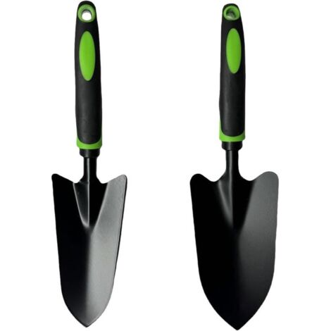 Two gardening tools for planting, transplanting, and weeding—a steel garden shovel and a small garden shovel with an ergonomic handle. (1/2)