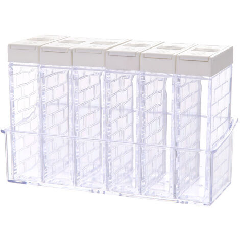 A set of 6 plastic spice containers, transparent spice jars with trays, spice boxes for kitchen spice storage, seasoning dispensers, restaurant kitchens, camping spice jars (white). (1/5)