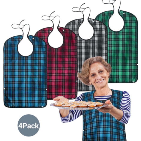 Four-pack adult bibs, washable and waterproof garment covers, includes a crumb catcher, suitable for men, women, and seniors, wide fit, made of cotton and polyester. (1/5)