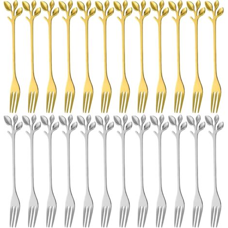 Cake forks, 24 pieces, stainless steel forks, 4.72-inch (12 cm) leaf cake forks, dishwasher safe, mirror polished forks, cake fork set (gold + silver)
