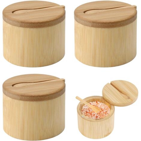 Three bamboo salt containers Salt containers with screw-top lids Round bamboo spice container with spoon for kitchen use, including salt, pepper, and spices. (1/5)