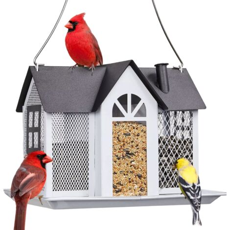 White style iron bird feeder, triple bird feeder, durable and weatherproof, garden yard squirrel hanging wild bird metal net house. (1/3)