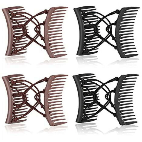 4-Piece Elastic Double Comb Hair Clip with Adjustable Elastic Combs and Crease-Free Design for Women's Hair Accessories, Perfect for Curly, Thick, Wavy Ponytails (Black, Brown) (1/5)