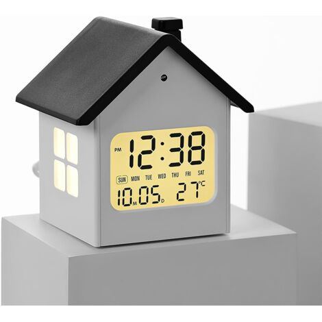 Digital Alarm Clock - Compact Home-Shaped LED Alarm Clock - With Night Light and Snooze Function - Loud Ringtone with 3 Volume Levels - Cute Bedside Alarm Clock for Bedrooms and Living Rooms - Black (1/4)