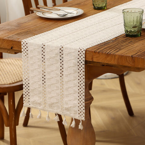 A white fringed table runner, measuring 30cm x 200cm, with a rustic, country style, perfect for holidays, wedding parties, or kitchen table decorations. (1/2)