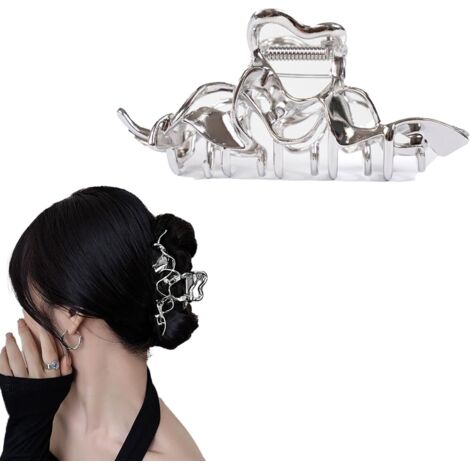 Hair clip, large silver metal hair clip for women, silver hair clip, irregular design liquid metal hair clip, durable and heavy hair accessory, ideal for everyday wear. (1/5)