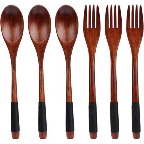 Wooden Spoons - Wooden Cutlery - Wooden Forks - Natural Wood Spoon and Fork Set - Long Handle - Japanese Style - Cutlery Set - Small Wooden Spoons - 6-Piece Set (1/5)