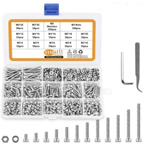 Kit assortiment vis inox M3 1100 pièces tête cylindrique six pans creux + clés hexagonales (1/5)