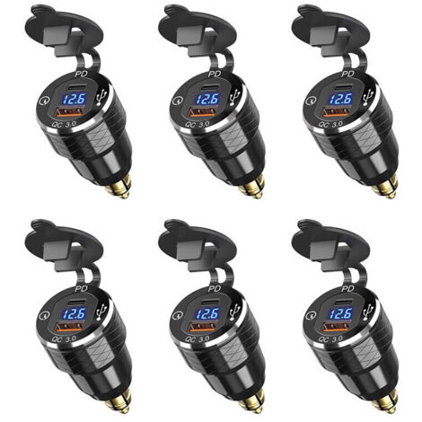 6 prises alimentation USB PD 3.0 Type C DIN et QC 3.0 18W rapide avec voltmètre pour moto 12V-24V (1/5)