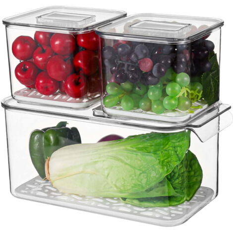 3 boîtes réfrigérateur transparentes avec couvercle, empilables, anti-fuites, fruits légumes (1/4)