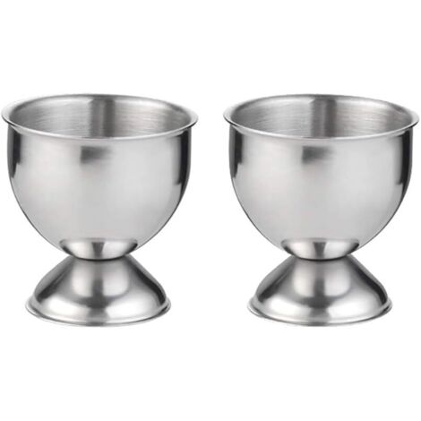 Ensemble de deux coquetiers en acier inoxydable, comprenant un coquetier, un plateau à œufs à la coque, un ustensile de cuisine, des couverts et de la vaisselle argentés. (1/5)