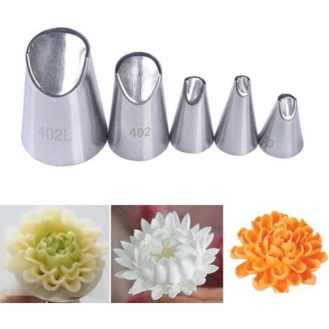 5 douilles en acier inoxydable pour décorer les gâteaux à la crème, les cupcakes, les pétales et les chrysanthèmes. (1/5)