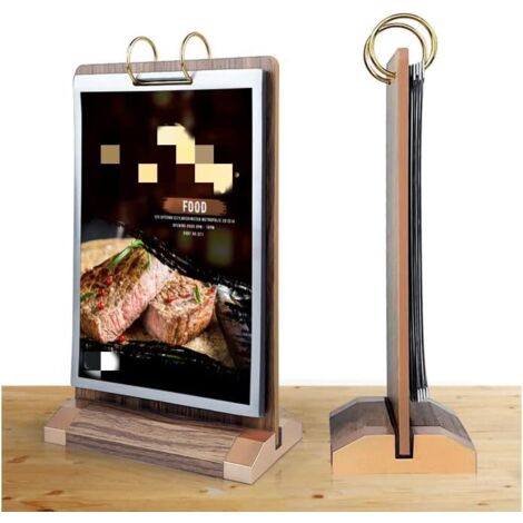 Présentoir vertical A5 en bois de noyer avec base double face pour l'affichage de cartes, en magasin, au bureau, en commerce de détail et pour l'affichage de menus. (1/2)