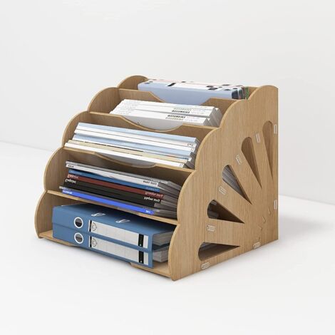 Organiseur de bureau en forme d'éventail, support de rangement pour papier A4, étagère de rangement en bois, plateau de rangement, plateau de classement de bureau, plateau pour la maison et l'école (T (1/3)