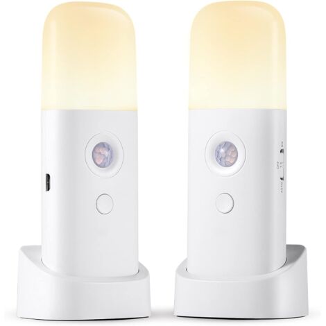 Deux veilleuses LED avec détecteur de mouvement (portée de 5 mètres), 5 niveaux de luminosité, rechargeables par USB-C. Idéales pour les chambres, salles de bain et couloirs (lumière blanche). (1/5)
