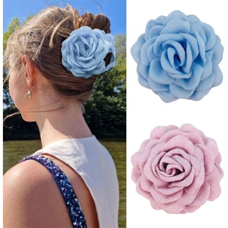 Lot de 2 pinces à cheveux fleuries pour femmes, grandes pinces à cheveux hawaïennes, rose et bleu clair. (1/4)