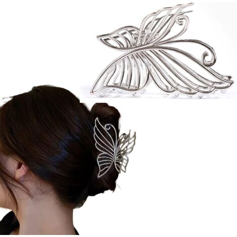 Grande pince à cheveux argentée pour femme, ornée d'un élégant motif papillon. Résistante aux cheveux épais, cette pince offre une tenue ferme et convient à un usage quotidien. (1/3)