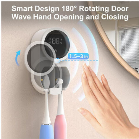 Porte-brosse à dents mural et nettoyeur de lumière avec ventilateur, fonctions de nettoyage et de séchage, livré avec un couvercle rotatif automatique et un étui à brosse à dents. (1/4)