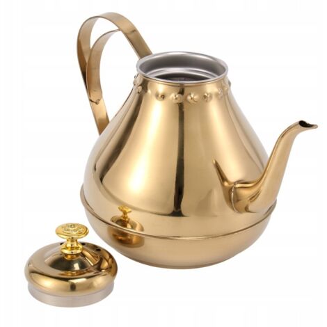 Une bouilloire en acier plaqué or avec un long bec, idéale pour préparer le thé et le café. (1/4)