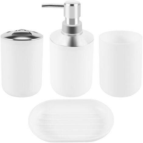 Ensemble de quatre accessoires de salle de bain en plastique, comprenant une brosse de toilette et un porte-brosse à dents. (1/5)