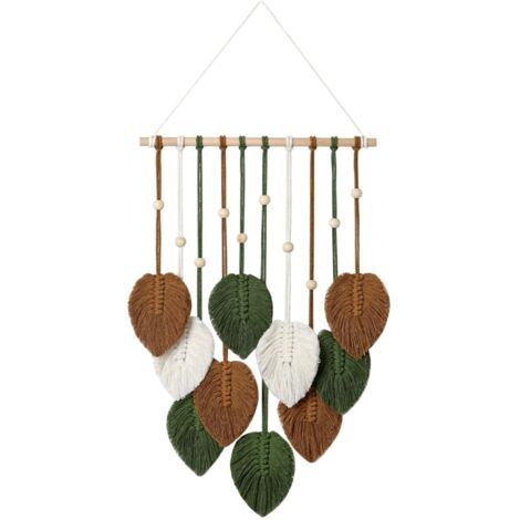 Tapisserie tissée de style bohème, ornée de perles en bois et de feuilles vertes convient aux chambres à coucher et aux chambres d'enfants (marron). (1/5)