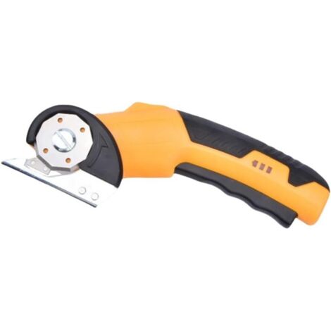 Ciseaux électriques pour tissus dotés d'un moteur puissant qui coupent facilement le tissu, le cuir, le carton et autres matériaux. Câble de chargement USB et lames de rechange (jaunes) inclus. (1/5)