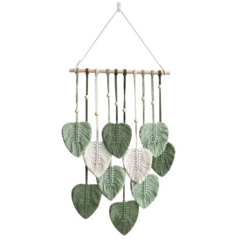 Tapisserie tissée, décor bohème, brocart, perles de bois et feuilles vertes, tapisserie bohème pour chambre à coucher ou chambre d'enfant (verte) (1/5)