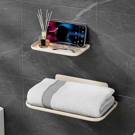 Deux étagères murales de rangement pour salle de bain, robustes et durables, avec une forte capacité de charge, une conception pliable et comportant des compartiments de rangement et des porte-serviet (1/4)