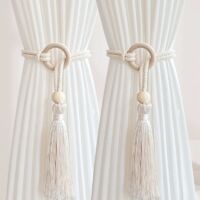 6-Pack Cotton Rope and Wooden Bead Curtain Tiebacks, No Drill Required, Universal Movable Curtain Decorative Tiebacks - Style 2