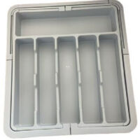 Grey silverware drawer organizer, expandable kitchen utensil tray, cutlery and utensil rack, adjustable plastic storage for spoons, forks and knives.