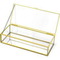 rectangular transparent jewelry box with vintage gold accents, measuring 23.5 x 10 x 5.3 cm, intended for jewelry storage.