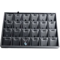 24-slot black leather necklace and pendant storage tray with hooks, suitable for home and retail.
