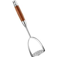 sturdy and durable stainless steel potato mash maker with a wooden handle. A professional kitchen tool for mashing beans, avocados, and meats.