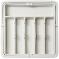 White silver drawer organizer, expandable kitchen utensil tray, cutlery and utensil rack, adjustable plastic storage for spoons, forks and knives.