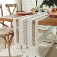 Table runner, 183cm x 30cm, woven farmhouse bohemian striped tablecloth, suitable for kitchen or dining room, tan color.
