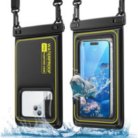 Two waterproof phone pouches, compatible with iPhone 17 Pro Max/16/15/14/XR/X/SE/8/7, Galaxy S25/S26, Google, and phones under 6.9 inches. IPX8 waterproof, a vacation essential (black and green).