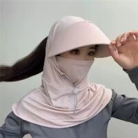 Summer sun protection face mask with brim, suitable for cycling and fishing, unisex, full-head sun protection balaclava hat - pink