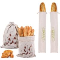 4-pack reusable bread bags, linen drawstring bread bags, suitable for homemade sourdough bread, beeswax food drawstring closure, green printed/coffee bread.