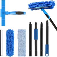 Window squeegee cleaning tool with extension rod, 2-in-1 window cleaning squeegee set, includes scrubber and rotating head, 1 squeegee and 2 scrubbers.
