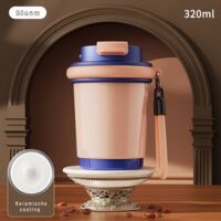Mini Coffee Mug 320ml - Ceramic Inner Liner - Stainless Steel Insulation Layer - Portable Design - Suitable for Both Men and Women - Leak-proof - Stylish Design - Cherry Blossom Blue
