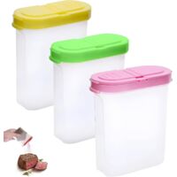 three-piece spice jar set, including a plastic spice box, a clear spice jar, and a square spice storage box with two lids, for storing seasonings such as salt, sugar, and pepper.