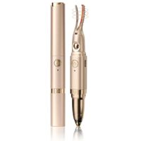 2-in-1 women's beauty tool: Electric eyebrow shaper (with heating function), eyelash curler, and fine facial hair trimmer.