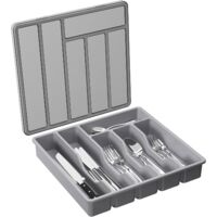 Silverware storage box with lid, kitchen drawer and countertop covered cutlery tray, plastic cutlery and cutlery storage box, suitable for spoon, fork and knife holder, 12.6 x 11.8 inches, grey