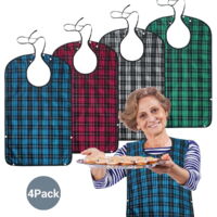 Four-pack adult bibs, washable and waterproof garment covers, includes a crumb catcher, suitable for men, women, and seniors, wide fit, made of cotton and polyester.