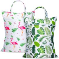 2-Pack Large Travel Laundry Bags with Handles, Waterproof, Washable, Suitable for Wet and Dry Use, Gym, Wet Clothes, Pool Use (Green Leaf Pattern + Flamingo Pattern)