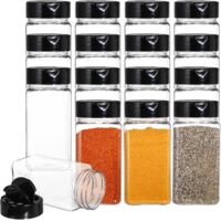 16 100ml Spice Jars in Plastic Bottles with Black Caps for storing spices, herbs, and powders.