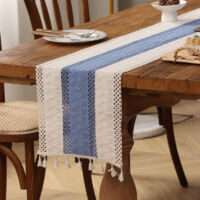 blue tassel table runner, measuring 30cm x 200cm, with a rustic, country style, suitable for holidays, wedding parties, or kitchen table decorations (blue + white).